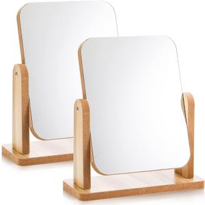DEAYOU 2 Pack Vanity Mirror with Wood Stand, 360 Degree Rotation Makeup Mirror, Small Standing Swivel Cosmetic Mirror, Portable Wood Tabletop Mirror for Desk, Make Up, Gift, High-Definition