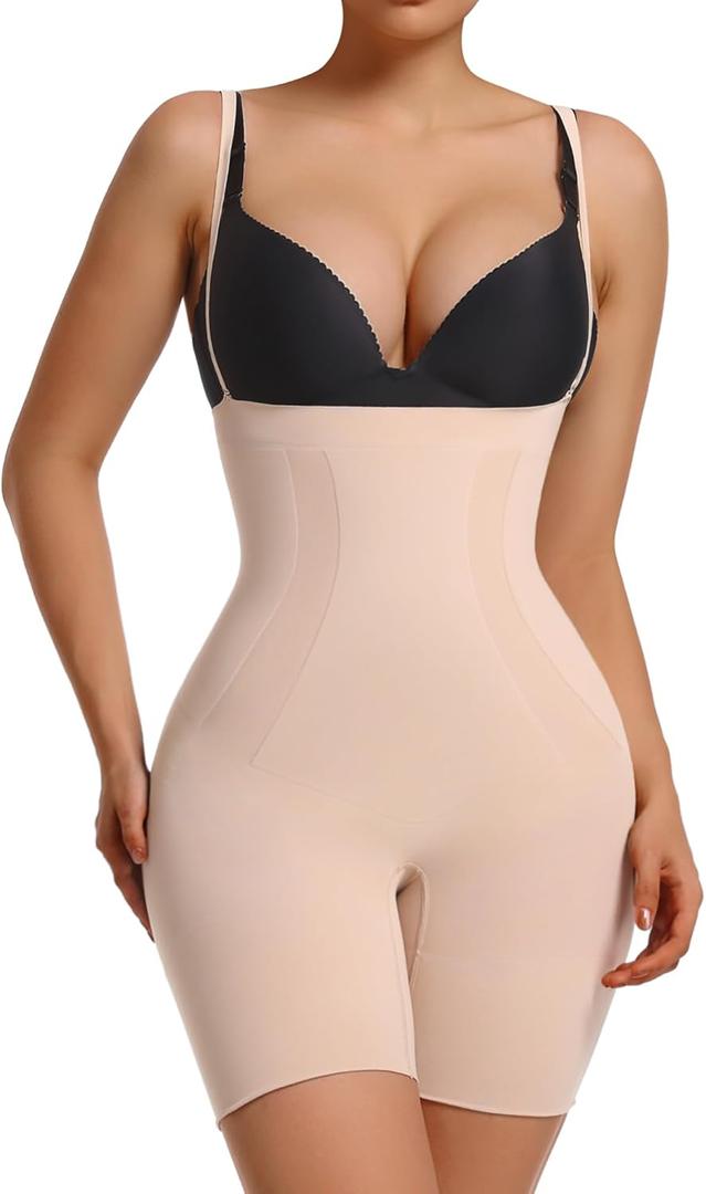 SHAPERX Shapewear for Women Tummy Control Open Bust Thigh Slimmer Body Shaper (Medium, Beige-(high Waist Control Panty))