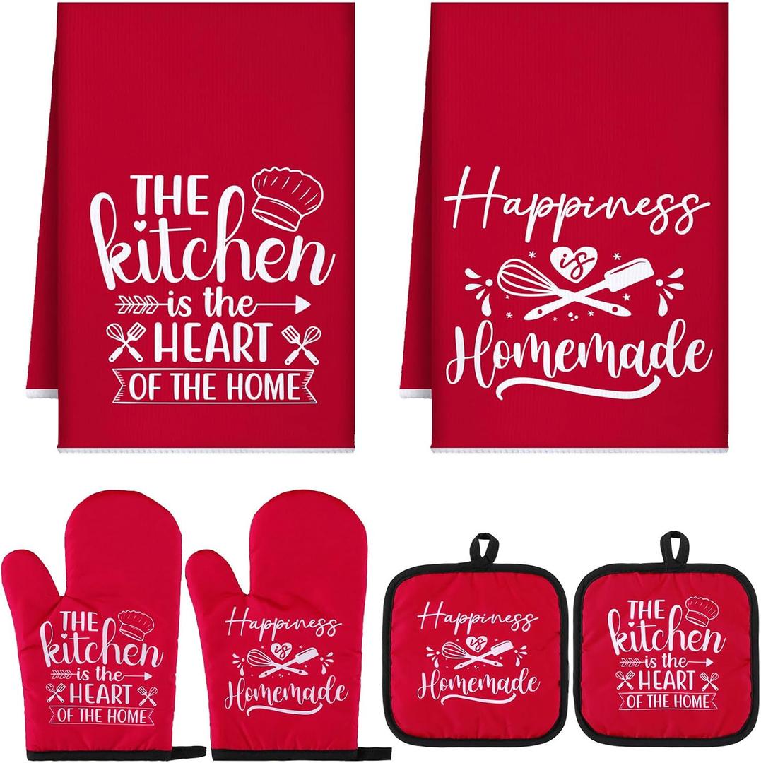 Sratte 6 Pcs Kitchen Decor Accessories Set Farmhouse Towels Pot Holders Oven Mitts Set 2 Dish Towels 2 Potholders 2 Cooking Mittens Oven Glove for Christmas Baking Cooking Supply(Red,Kitchen)