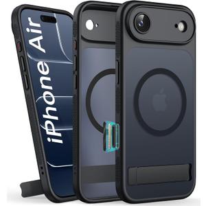 BXYJY for iPhone 17 Air Magnetic Case with Stand, Camera Control Button, Compatible with MagSafe, Full Lens Protection, Rugged Military Grade Drop, Hard Translucent Matte Slim Case for 17 Air, Black