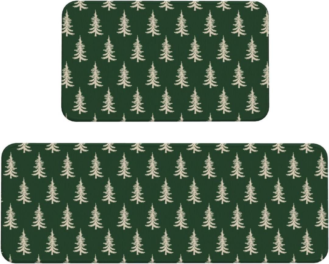Forest Green Christmas Kitchen Mats Set of 2 Cream Xmas Tree Print Winter Holiday Kitchen Rugs for Floor Home Decor Low-Profile Mats,17x29 and 17x47 Inch