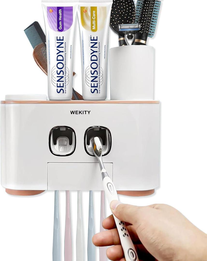 Toothbrush Holder Wall Mounted, WEKITY Multi-Functional Toothbrush and Toothpaste Dispenser for Bathroom, with 5 Toothbrush Slots, 2 Toothpaste Squeezers and 4 Cups(Pink)