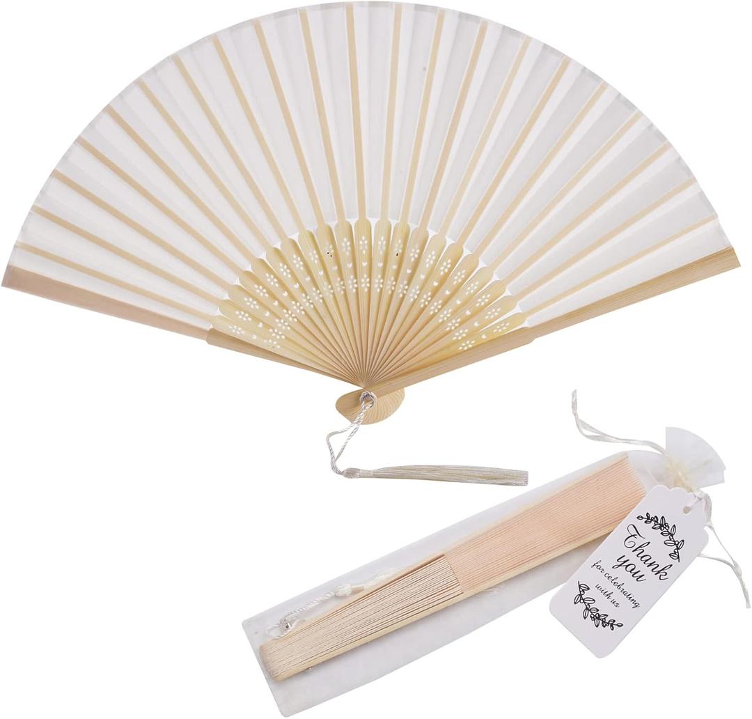 50 Sets Imitated Silk Hand Fan with Tassel and Organza Bags and Thank You Tags Fabric Handheld Folding Fans Bamboo Frame Bridal Dancing Props Wedding Party Favors (Cream)