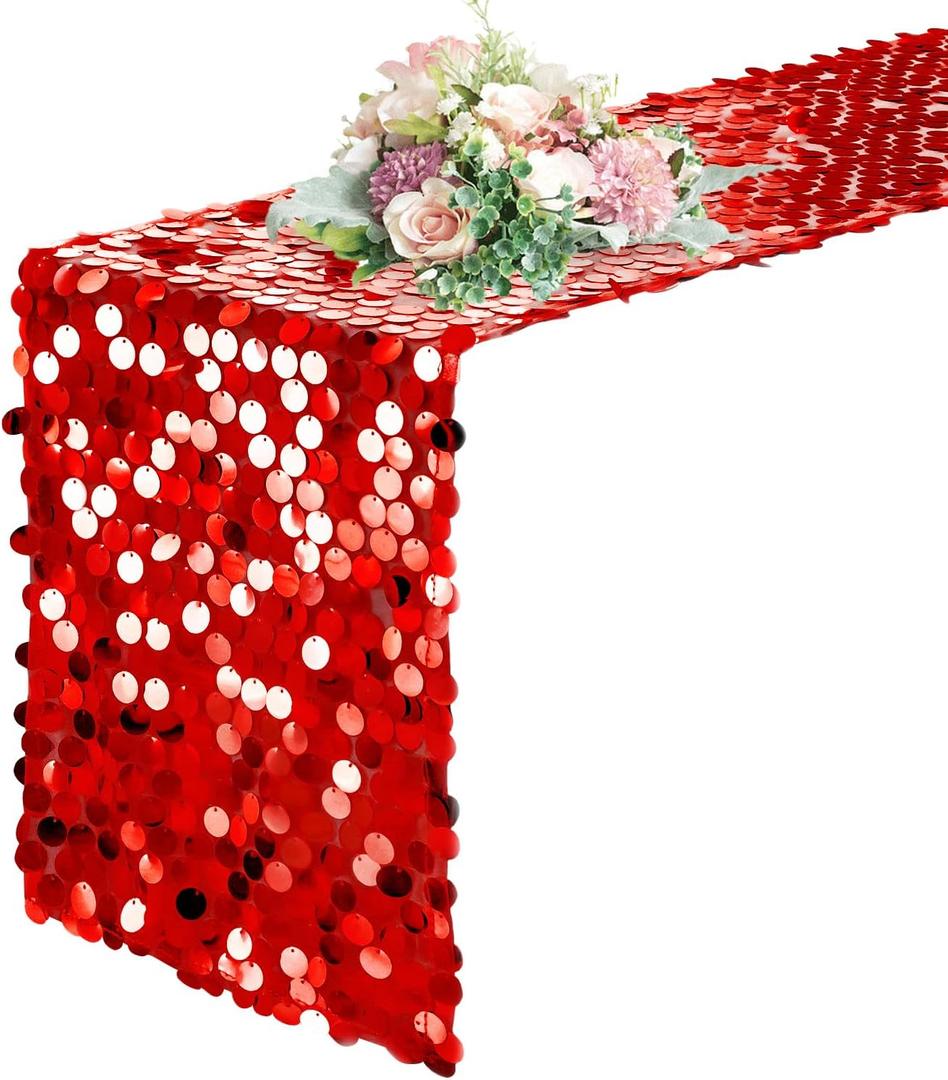 Pufogu 12 "x 108" Sequin Table Runner, Red Glitter Premium Big Sequin Table Runners, Rectangle Table Runner for Halloween, Christmas, Wedding Party, Birthday Party, Banquet Decor (1 Pack).