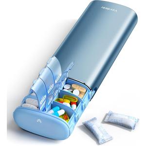 Vaydeer Metal 7 Day Pill Organizer 2 Times a Day AM PM Weekly Travel Pill Case with Moisture-Proof Desiccant, Airtight Large Capacity Pill Box for Vitamins, Medications & Supplements (Blue)