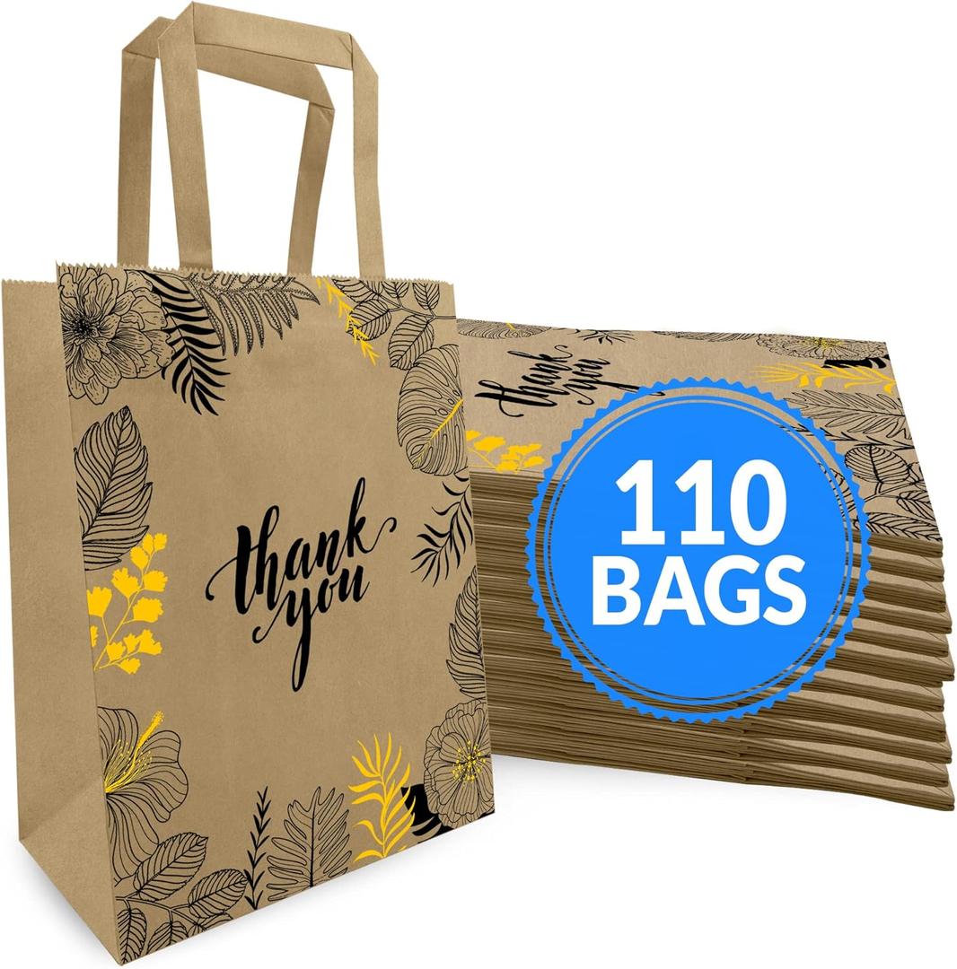 Reli. Paper Bags | 110 Pcs Bulk | 8"x4.5"x10.25" | Paper Thank You Bags | Brown Kraft Handles | Printed Small Thank You Giftbag for Guests | Gifts, Wedding, Merchandise, Business