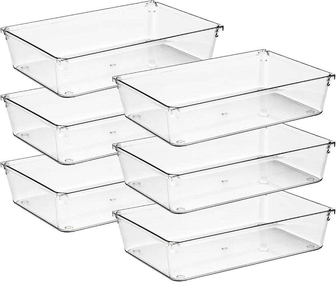 Ravinte 6 Pack Drawer Organizer - 6" X 9" Plastic Storage Bins, Acrylic Organizers with Non-Slip Pads Clear Desk Storage Tray for Makeup, Jewelries, Kitchen Utensils, Bathroom and Office
