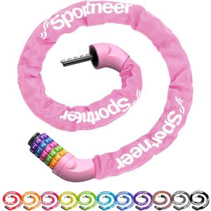 Sportneer Bike Lock: 5 Digit Combination High Security Anti Theft Bike Chain Lock - 3.2/3.6/4ft Heavy Duty Keyless Bicycle Lock for Bike, Motorcycle, Scooter, Door & Gate - 4/6mm Thick, Easy to Use (Pink)