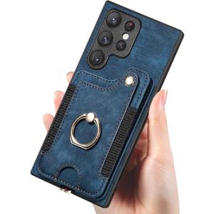 AJMIPO-Card Holder Case for Samsung Galaxy S24 Ultra/S24 Plus/S24 Matte Leather Phone Cover with Ring Support Vehicle Magnetic Suction(S24 Ultra,Purple) (S24 Ultra,Blue)
