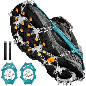 Crampons Ice Cleats Traction Snow Grips for Boots Shoes Women Men Anti Slip 19 Stainless Steel Spikes Safe Protect for Hiking Fishing Walking Climbing Mountaineering (Medium, Teal)