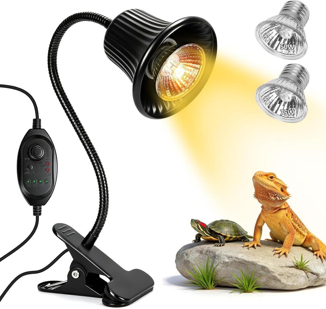 Reptile Heat Lamp, Heating Lamp for Reptiles with UVA UVB, 2H,4H, 8H, 10H Cycle Timing&Stepless Dimming Adjustment Basking Light for Turtle, Bearded Dragon, Lizard and More, 2 Bulbs 50W+75W