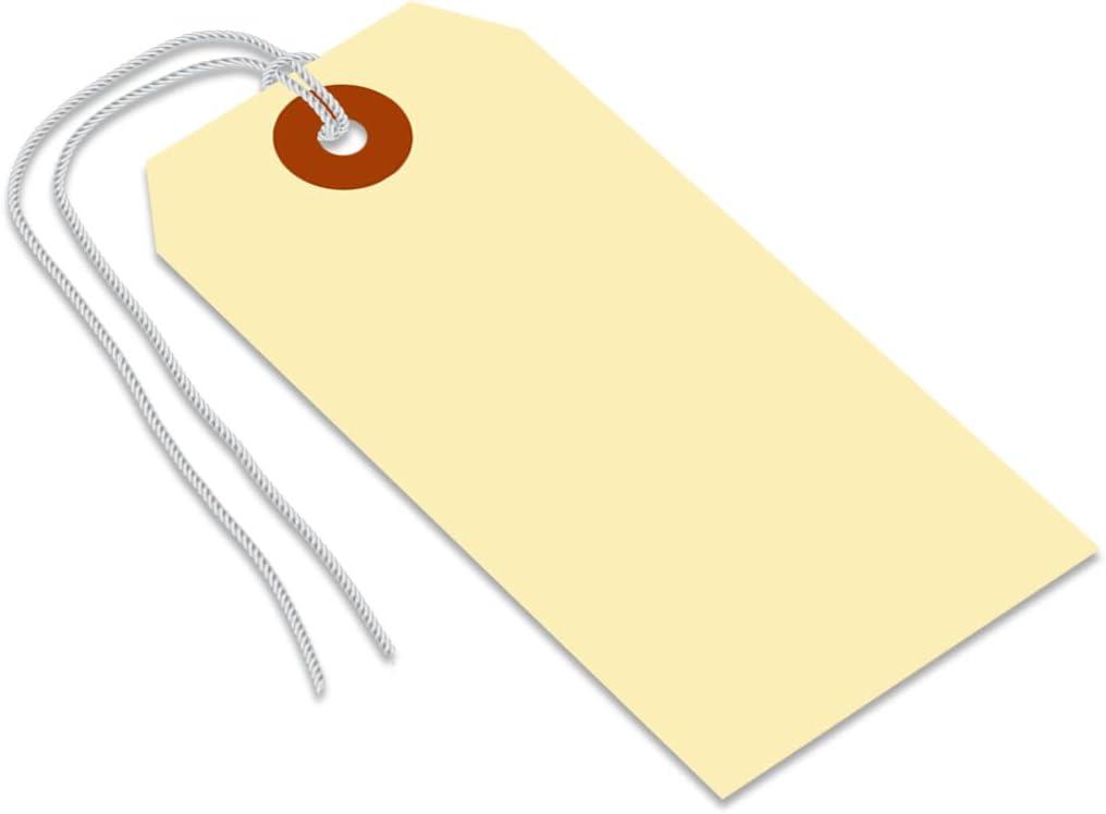 SmartSign Blank Shipping Tags with Pre-Attached Loop Strings, Size-4, Pack of 1000, 10pt Thick Manila Cardstock Tag, 4.25 x 2.125 inch Paper Hang Tags with Reinforced Fiber Patch