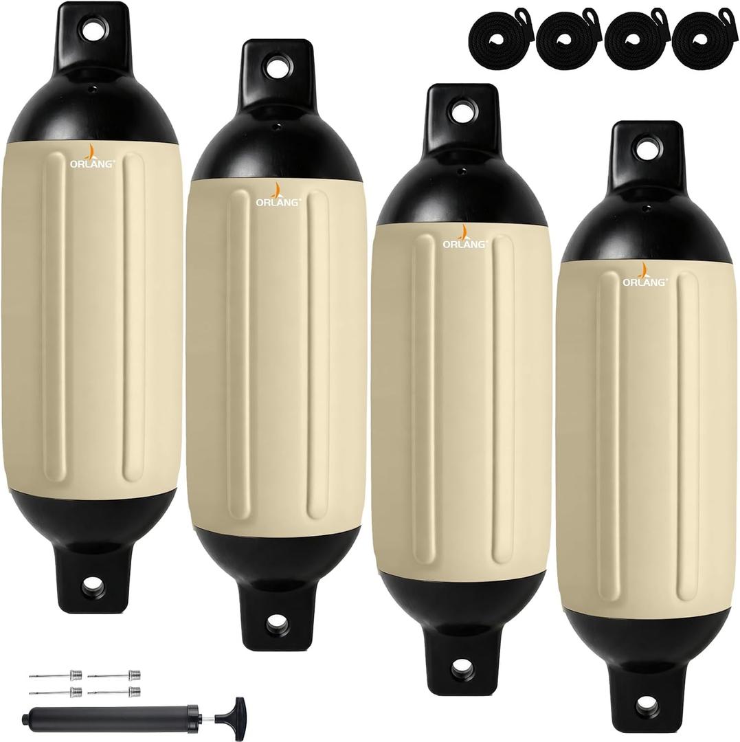 ORLANG 4.5in/5.5in/6.5in/8.5in/10in Boat Fenders, Boat Bumpers for Docking 4 Pack, Inflatable Ribbed Twin Eyes Vinyl Boat Bumpers Fenders with Air Pump,Ropes,Needles