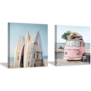 Beach Picture Coastal Wall Art: Surfboard & Pink Car Painting Ocean Wall Art on Canvas for Bedroom (16 x 16 x 2 Panels)