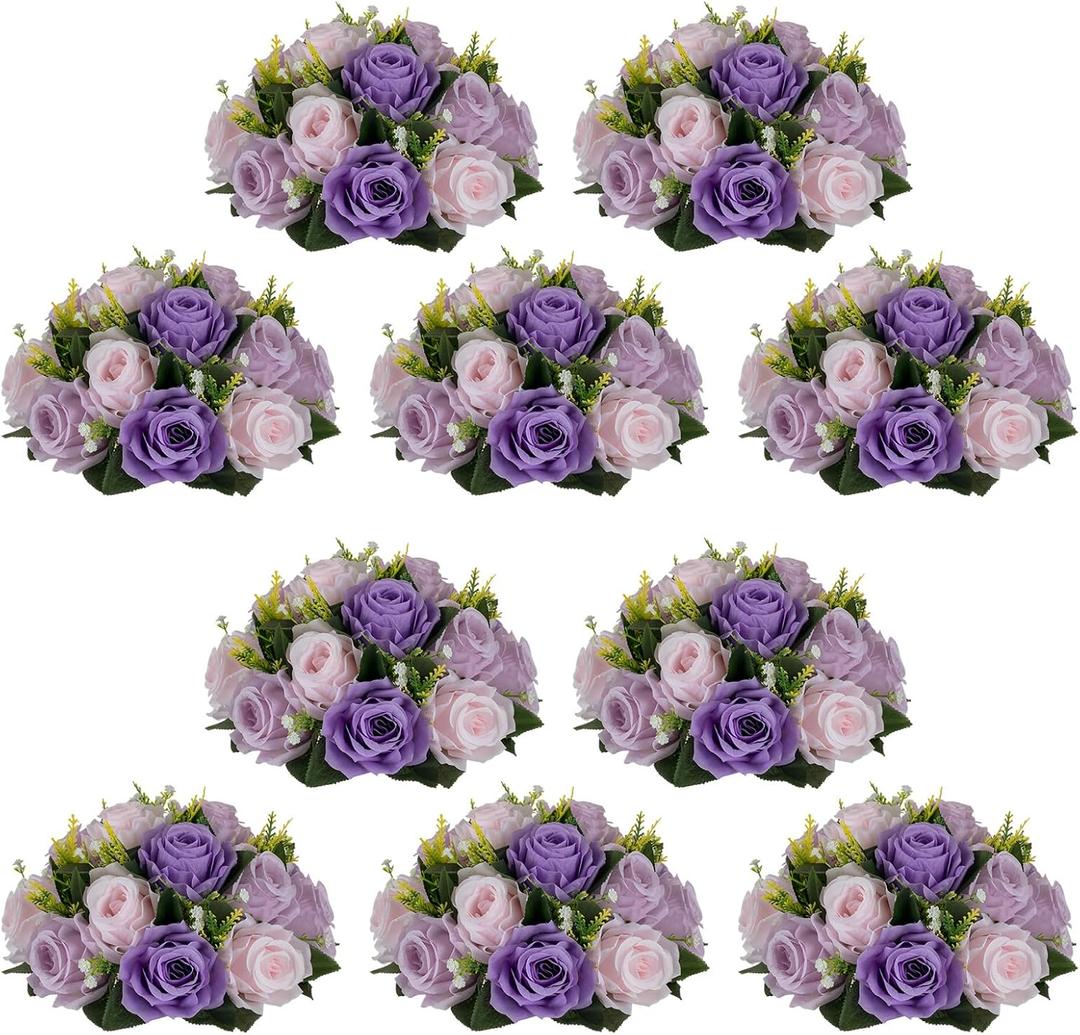 NUPTIO Artificial Flower Ball Centerpieces: 10 Pcs Lilac & Purple & Pink Rose Arrangements for Wedding Party Tables - Faux Silk Floral DIY Kissing Balls for Home Event Dining Decorations