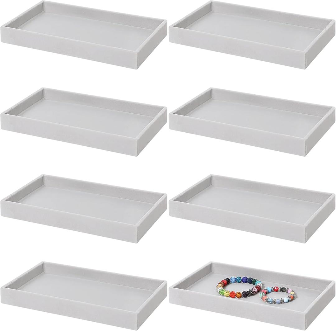 Inbagi 8 Pcs Small Velvet Jewelry StorageTray Stackable Drawers Organizer 8.3 x 4.7 x 1 Inches (Gray)