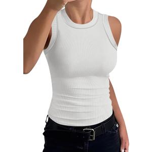 Womens High Neck Tank Tops Sleeveless Ribbed Exposed Seam Curved Hem Slim Fit Fashion Summer Top Shirts (White, S)