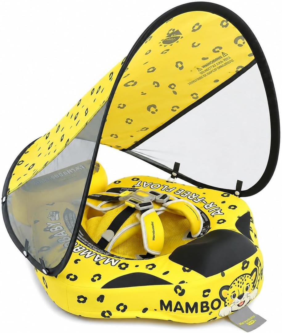 Mambobaby Baby Pool Float with Canopy, Non-Inflatable Infant Baby Swim Float Trainer with Safe Seat & Tail Support for Toddler, Mambo Baby Float Solid UPF 50+ Sun Protection, Large