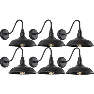 10in. Gooseneck Barn Light 6 Pack Farmhouse Wall Mount Light Fixture Exterior Waterproof Black Industrial Wall Sconce for Porch, Garage, Patio and Doorway, E26, LM2201-6P, 10" Dome