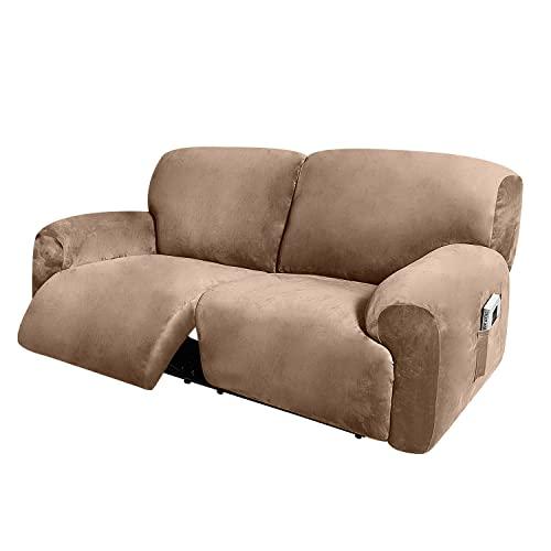 ULTICOR Extra Wide 75" - 100", Reclining 2 Seater Sofa, Extra Wide Reclining Love Seat Slipcover, 6-Piece Velvet Stretch, Reclining Sofa Covers, Thick, Soft, Washable (Sand)