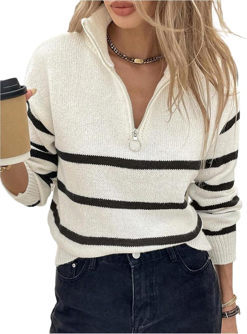 Milumia Women's Striped Half Zip Pullover Sweater Mock Neck Long Sleeve Ribbed Knit Pullover Tops