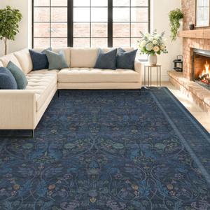 Navy Blue 8x10 Large Rugs for Living Room, Machine Washable Soft Dark Blue Area Rugs for Bedroom, Low Pile Carpet with Vintage & Boho Dcor Floral and Botanical Pattern
