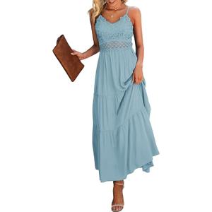 Dokuritu Women's Beach Crochet Lace Maxi Dress Solid Color Summer Vacation Spaghetti Strap Long Dress 2026, Size M