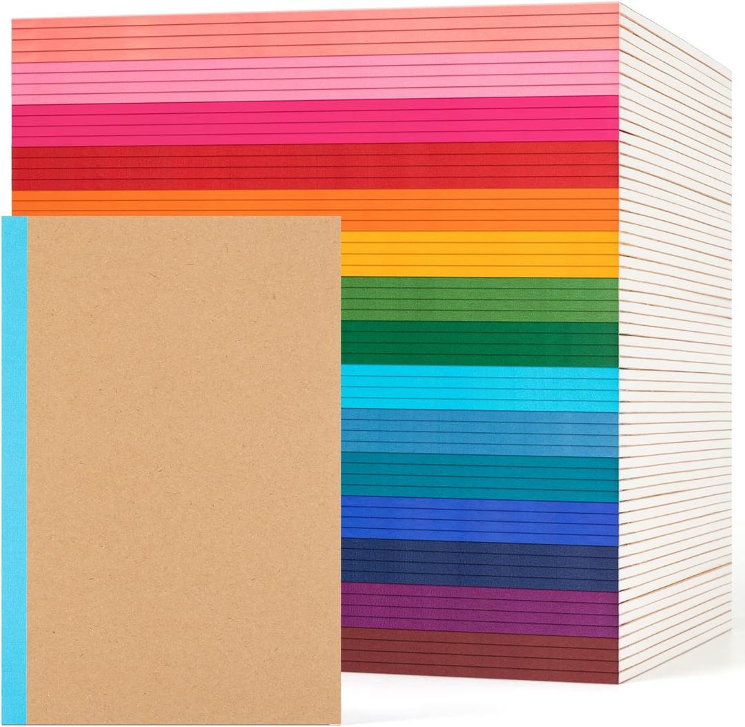 60 Pack Lined Notebook Journals Bulk, A5 College Ruled Composition Notebook, 8.3x 5.5, Kraft Cover with Rainbow Spines, 15 Colors 60 Pages for School Office Travel