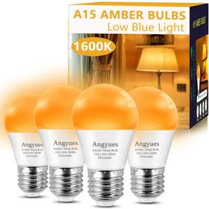 Amber Sleep Light Bulbs Dimmable, Blue Light Blocking, A15 1.5W(15 Watt Equivalent) Dim Light Bulbs for Lamp, 1600K Warm Light Bulb, E26 for Healthy Sleep, Bedroom, Kids Room, 4 Pack