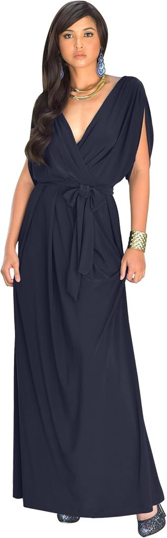 KOH KOH Womens Long Semi-Formal Short Sleeve V-Neck Floor Length Maxi Dress Gown (Large, Dark Navy Blue)