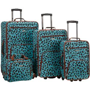 Rockland Fashion Softside 4 Piece Luggage Set, Expandable, (14" Tote/19"/24"/28"), Blue Leopard