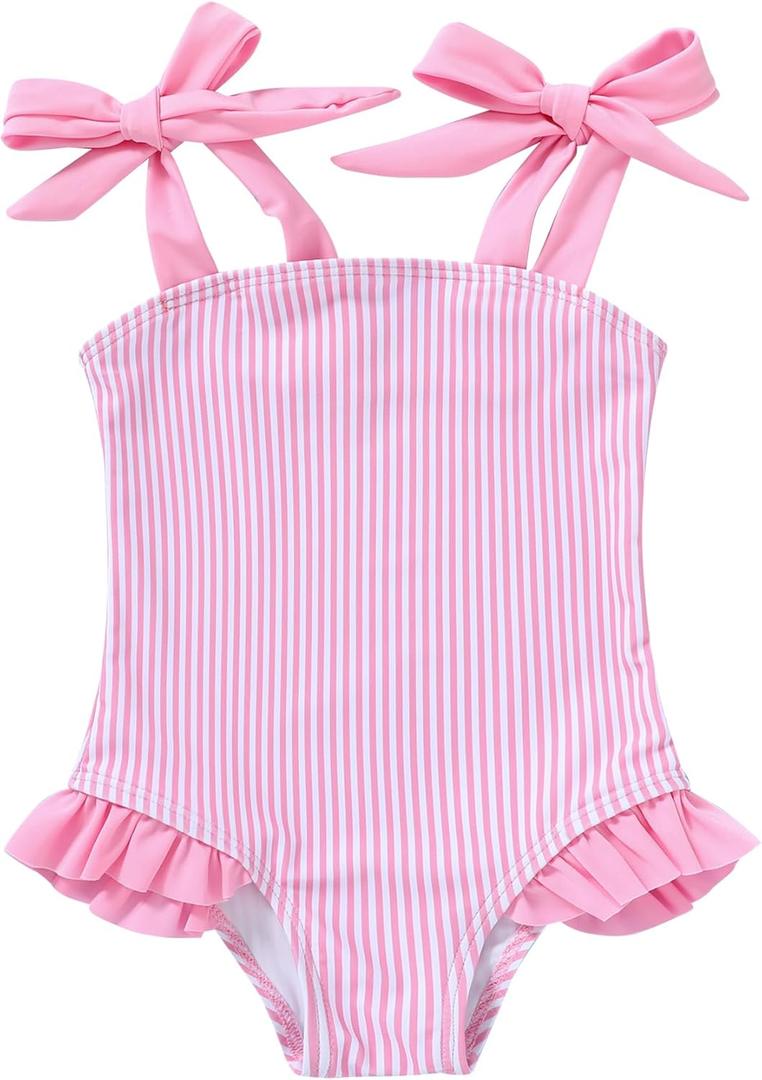 YOUNGER TREE Toddler Swimsuit Girl Color Block Stripe One-Piece Swimwear Baby Girl Bathing Suits (7-8 Years)