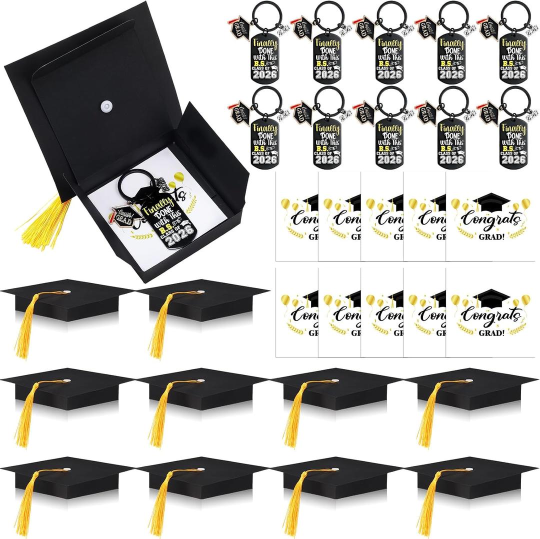 Quelay 24 Sets Graduation Keychain Gift for Teens Inspirational Black Gold Keychain Graduation Christian Keyring with Doctoral Hat Gift Box for Boys Girls Class of 2026 Grad