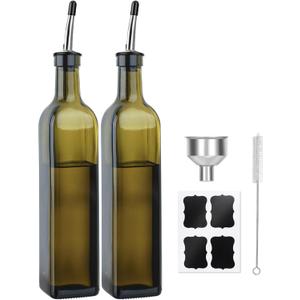 2-Pack Olive Oil Dispenser Bottle Set - 17oz/500ml Dark Green Glass Oil and Vinegar Bottles for Kitchen, Includes 2 Stainless Steel Pourers, Funnel, Brush & 4 Chalkboard Labels
