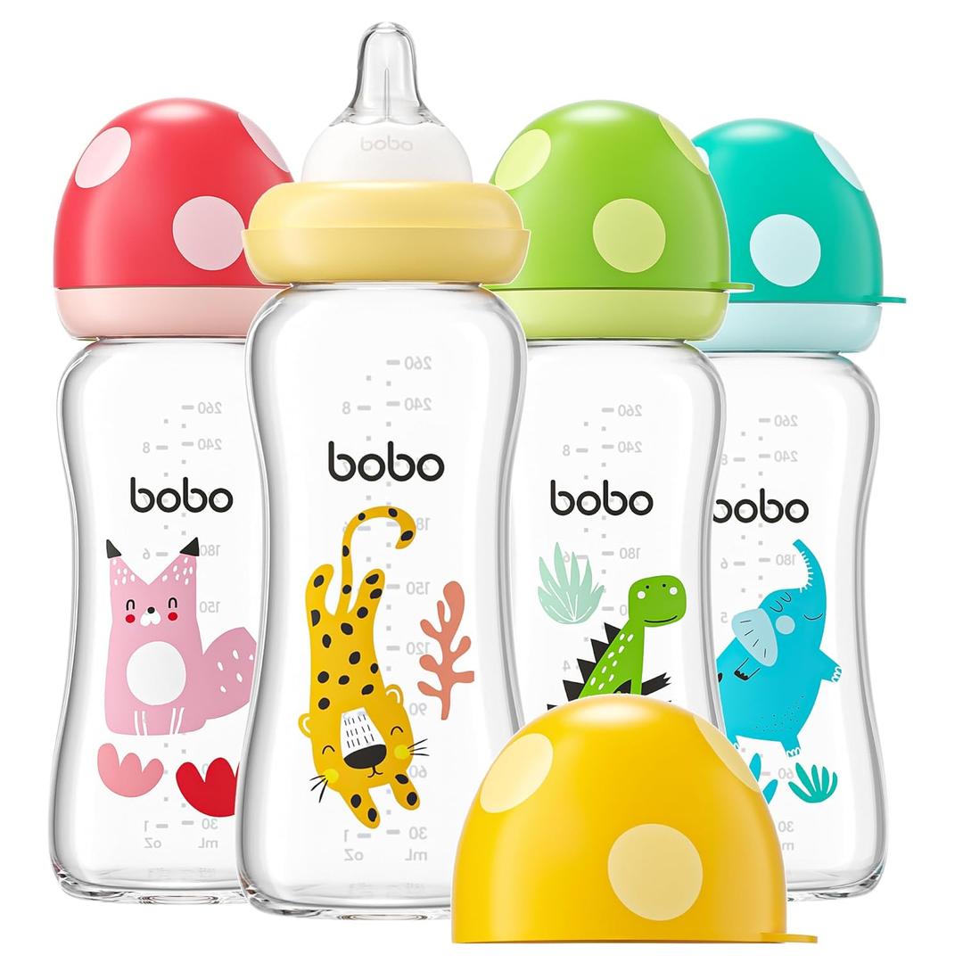 YOHKOH Natural Glass Baby Bottle with Level 2 Medium Flow Nipple, Newborn Anti-Colic Baby Bottles, Wide Neck Mushroom Baby Glass Bottle (8.8ounce (Pack of 4), Multicolour2)