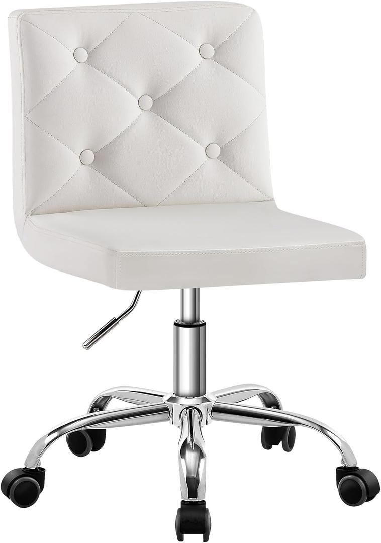 VECELO PU Leather Mid-Back Armless Vanity Chair Adjustable Height 360 Rolling Swivel for Home Office Work, White