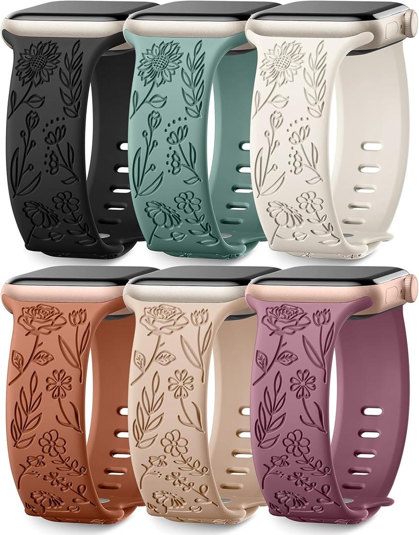 SNBLK 6 Pack Floral Engraved Bands Compatible with Apple Watch Bands 40mm 41mm 42mm 38mm 44mm 45mm 46mm 49mm Women Men, Silicone Flower Pattern Strap for iWatch Series 11 10 Se Ultra 9 8 7 6 5 4 3 2 1