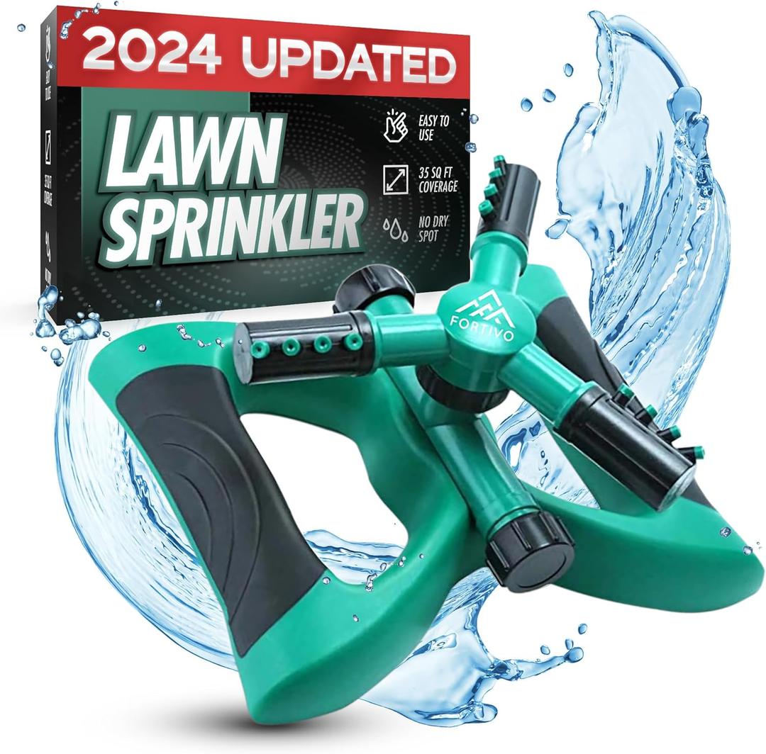 Heavy Duty Sprinklers for Yard 3-Arm Lawn Sprinkler, Rotating 360 Degrees Lawn Sprinklers for Yard Wide Area, Includes Two Types of Hose Connector (1 Pack, Green)