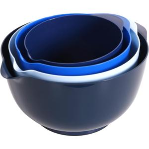 BoxedHome Nesting Plastic Mixing Bowl Set With Pour Spout, Microwave and Dishwasher Safe, BPA free Non-Slip Base, Set of 4 Size 1.7, 2.5, 3.5 and 4.5qt, Great for Prepping, Baking, Cooking (Dark Blue)