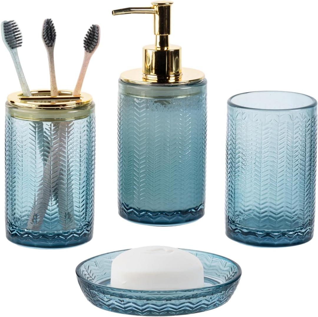 MyGift 4 Pcs Glass Bathroom Accessories Set with Toothbrush Holder, Soap Dish, Pump Dispenser, Tumbler Cup, Blue Bathroom Decor, Modern Embossed Chevron Design