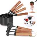 8-Piece Black Measuring Cups and Spoons Set, Stainless Steel Kitchen Measuring Set with Acacia Wood Handles for Baking and Cooking
