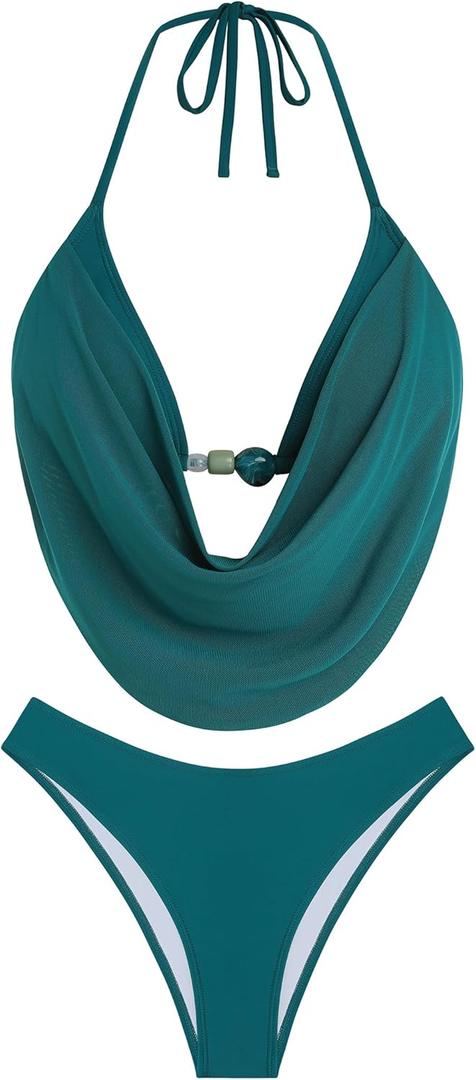 ZAFUL Women's Two Piece Bikini Sets Triangle Halter Swimsuit Deep V Cowl Neck Ruching Bathing Suits (Blue, S)