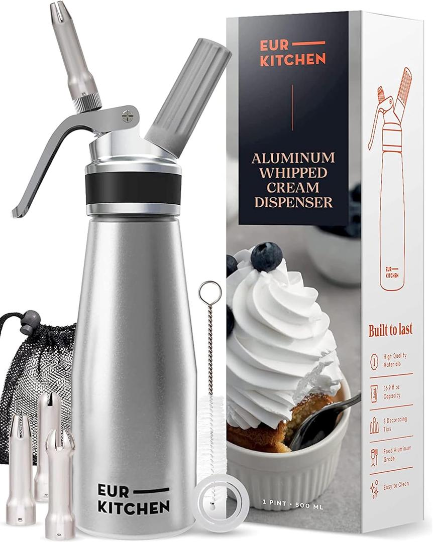 EurKitchen Professional Aluminum Whipped Cream Dispenser - Leak-Free Whip Cream Maker Canister with 3 Decorating Nozzles & Cleaning Brush - 1-Pint / 500 mL Cream Whipper - N2O Chargers (Not Included) (Standard Silver)