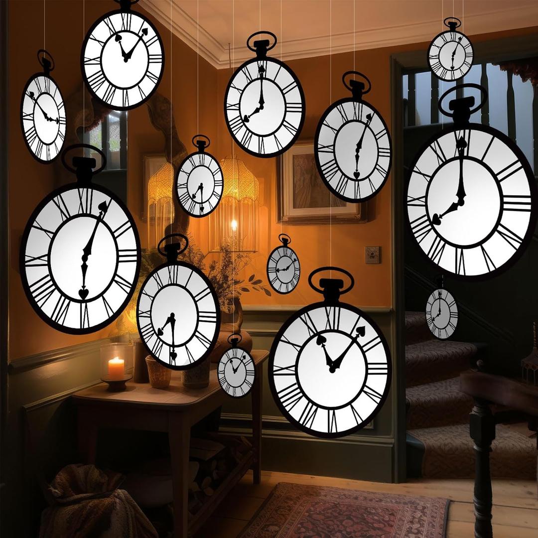 Wonderland Tea Party Decoration Clock Hanging Banners Wonderland Spring Themed Garland banner Curious Clock Backdrop Photo Props for Indoor Outdoor Garden Birthday Baby Shower Party Supplies