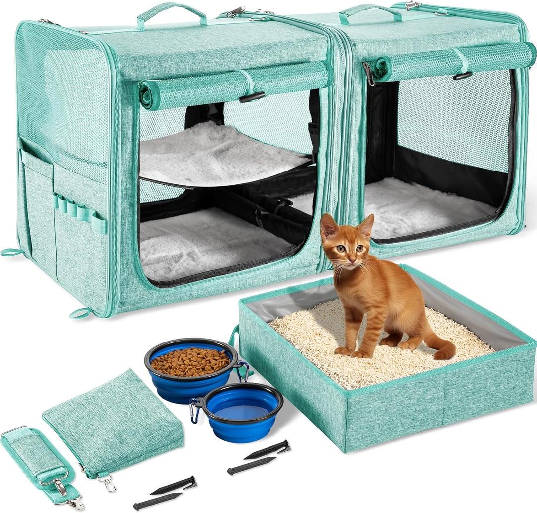 Suertree Cat Carrier for 2 Cats, Pet Travel Carrier with Litter Box for Cats and Small Dogs Up to 45 Lbs, Bowls, and Locking Zippers, Green ((15.9*2)*14.5*15.5in)