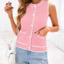 PRETTYGARDEN Vest For Women 2025 Summer Casual Button Down Color Block Sweater Vest Ribbed Knit Tank Tops With Pockets (Pink, L)