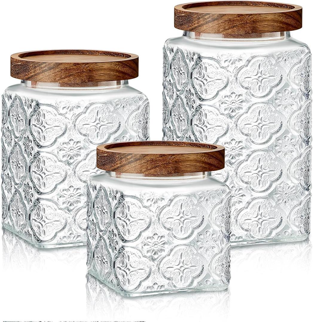 Gerrii 3 Pcs Glass Food Storage Containers 17/24/34 oz Vintage Glass Jar with Lid Begonia Pattern Airtight Candy Jar Food Jars Canisters for Kitchen Counter Pantry Coffee Tea Beans (Square)