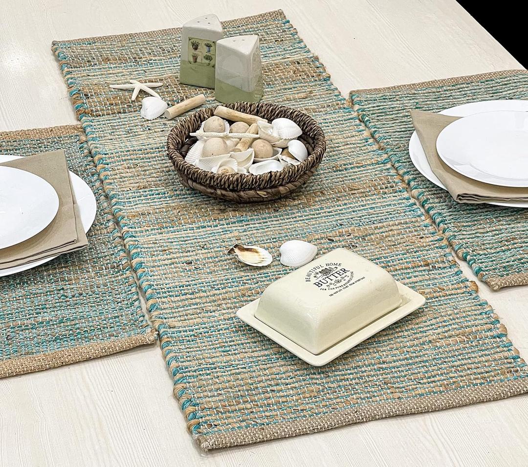 Chardin home Natural Jute Table Runner 13x36 Inch  Vintage Boho Rustic Table Decor  Handwoven Table Runner in Natural Jute and Aqua Turquoise  Farmhouse Dining or Console Table Accent