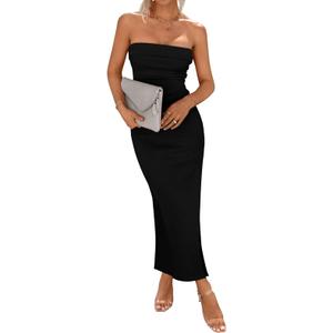 Arise Myst Women's Summer Bodycon Maxi Tube Dress Ribbed Off Shoulder Strapless Side Slit Long Club Party Casual Dresses (Black, XL)