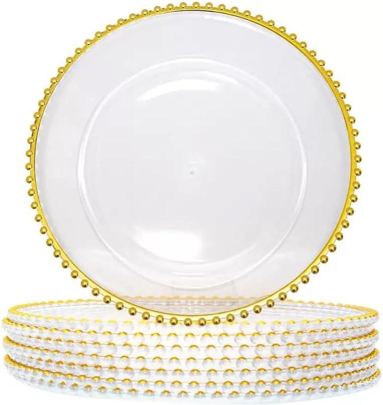 50 Pcs Clear Charger Plates 12.6Inch Plastic Round Dinner Decorative Plates with Gold Beaded Rim for Party Wedding Birthday Bridal Shower Party Table Supply
